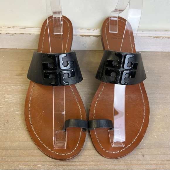 Tory Burch Lowell Black Leather Toe Ring Sandals 7.5M Logo Strap Flat Slide Shoe - Picture 2 of 12